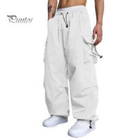 Solid Color Trousers Men Cargo Pants Multi Pocket Oversized Elastic High Waist Deep Crotch Ankle-banded Soft Breathable Hip Hop Streetwear Long 2XL white