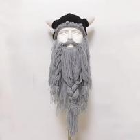 Winter Warm Viking Beard Beanie Handmade Knit Big Beard Mask Hat Wig Beard Hats  Christmas Party light grey