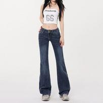American retro low-rise Spice Girl flared pants spring new embroidered elastic slim slim jeans women's pants L beige