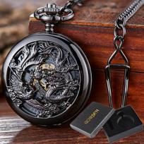 3D Dragon Mechanical Pocket Watch Fob Chain Luxury Steampunk Skeleton Engraved Roman Numeral Clock for Men Women Pocket Watches brown