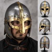Medieval Steel Helmet with Brass Trim, Viking Knight LARP Armor, Historical Warrior Cosplay Costume white