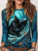 Women Sleeping Black Cat Retro Floral Print Long Sleeve T‑Shirt Crew Neck Casual Fall Graphic Top L blue