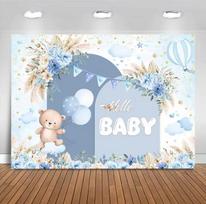 Bohemian Baby Shower Backdrop Bear Blue Flower Pampas Grass Hello Baby Boys Welcome Party Decor Background Props Custom 47.2x31.5inch/120*80cm gray