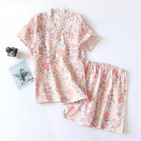 Girls' Summer Cotton Gauze Japanese Kimono Pajama Set - Short Sleeve Top & Shorts L white