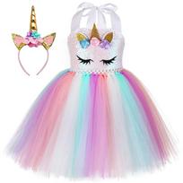 Sequined Rainbow Unicorn Puffy Tutu Dress, Cute Mesh Layered Kids Birthday Party Outfit S(1-2Y) white