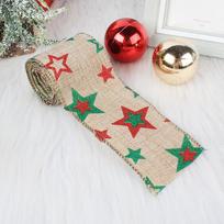 New Wired Edge Burlap Christmas Ribbon - Colorful Print Decorative Accessory beige