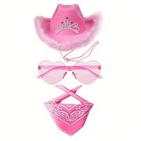 Rožinė kaubojaus skrybėlė Pūkuotas apvadas Helovino kostiumo aksesuarų rinkinys Bandana Širdies formos akiniai Apranga Style B pink