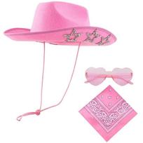 Rožinė kaubojaus skrybėlė Pūkuotas apvadas Helovino kostiumo aksesuarų rinkinys Bandana Širdies formos akiniai Apranga Style C pink