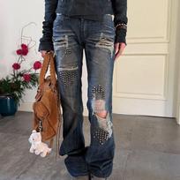 European, American retro Spice Girls mopping trousers design sense rivet splicing old ripped jeans M gray