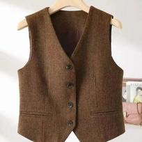 British Style Retro V-neck Herringbone Vest Jacket Women's Fashion Slim Paired with Sleeveless Jackets Casual Top M kava