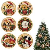 DIY Diamond Painting Christmas Tree Ornament 6pcs Round Wooden Pendants with Resin Gems And Rope