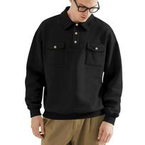Men's Heavyweight Double Pocket Collar Long Sleeve Cargo Sweatshirt. L black