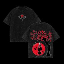 Itachi Uchiha T Shirt Naruto Men Acid Wash Back Print Akatsuki Anime Graphic Cotton Streetwear Red Moon Crow Vintage Bootleg Tee L black