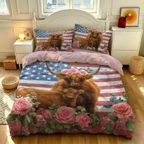 3PCS Duvet Cover Set Highland Cow American Flag Floral Print Bedding Set Women Girls Vintage Style Soft Microfiber Quilt 140x210