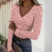 Women's Casual V-Neck Leopard and Polka Dot Print Long Sleeve Ribbed Top for Everyday Wear XL gray