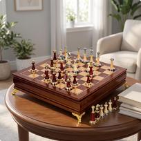 Chess Set with Storage Drawer Luxury Wooden Desktop for Game Room gray