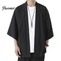 Men Robe Shirt Kimono Japanese Style Solid Color Samurai Costume Asian Clothes Three Quarter Cardigan Jacket Cool Summer L black
