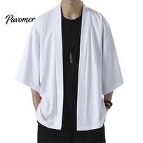 Men Robe Shirt Kimono Japanese Style Solid Color Samurai Costume Asian Clothes Three Quarter Cardigan Jacket Cool Summer L
