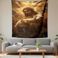 Jesus Holding Lamb Holy Art Cross Golden Clouds Patterned tapestry for bedroom and living room home decor 130x150cm(51x59in) brown