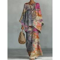 Women’s Vibrant Watercolor Print Batwing Sleeve Top & Wide Leg Pants L gray