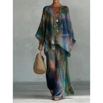 Women’s Vibrant Watercolor Print Batwing Sleeve Top & Wide Leg Pants L gray