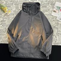 Men's Waterproof Hooded Windbreaker Jacket with  EXPLORE  Chest Zip Pocket and Adjustable Cuffs for Outdoor Hiking and Travel. S pilka