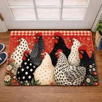 Vintage Red Gingham Polka Dot Chicken Floral Door Mat Non Slip Entrance Doormat Farm Hen Daisy Wildflower Pattern Floor Rug 43X75CM black