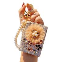 Rhinestone Double-Sided Pocket Mirror Keychain Small Bling Travel Folding Makeup Mirror Bead String Bag Charm for Women Purse Handbag Wallet Accessory 2 beige