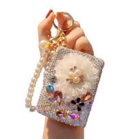Rhinestone Double-Sided Pocket Mirror Keychain Small Bling Travel Folding Makeup Mirror Bead String Bag Charm for Women Purse Handbag Wallet Accessory 1