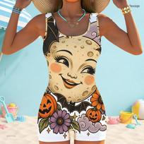 Women Plus Size Square Neck Wide Straps One Piece Boyshort Swimsuit Halloween Pumpkin Floral Print 4XL beige
