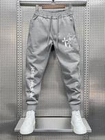 Cross-script Men Jogger Pants Pocket Cross Silhouette Print, Vertical Cursive Text Graphic on Leg, Elastic Drawstring Soft Sweatpants for Streetwear 3XL