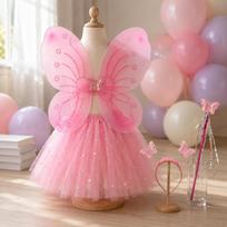 Butterfly Costume Set Tulle Wing Pair Mesh Tutu Skirt for Children Pink 4piece Pink 4-piece SET Sequin pink
