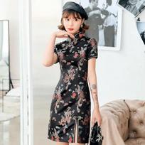 Kiniška moteriška satininė suknelė Elegantiška liekninanti mandarinų apykaklė Vintažinė čiongsamas Suknelės Seksuali su aukštu skeltuku Formali suknelė XL juoda