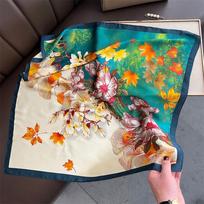 Vibrant Floral Square Scarf 70x70cm Silk Scarves Lightweight Spring Summer Bandana Blue Edge Trim Luxury Shawl Hijab 70x70cm gray