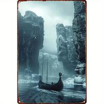 Vintage Viking Ship Metal Wall Art Sign   Rustic Iron Nautical Decor with Longships Fjords  Snowy Cliffs Design  IndoorO 20X30CM
