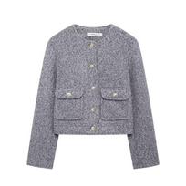 Women Fashion with Pockets Grey Single Breasted Bomber Jackets Vintage O-Neck Long Sleeves M
