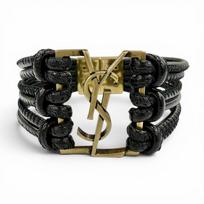 Great SAINT LAURENT bracelet The Babylon Code YSL logo black leather Women S Used