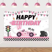 Pink Race Car Birthday Backdrop for Girls - Racing Theme Vinyl Background with Happy Birthday Sign, Lets Go Racing Party 59×39inch/150*100cm