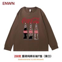American retro heavy Coca-Cola printed long-sleeved bundle T-shirt for men and women loose casual printed top XXL brown