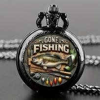 Vintage Gone Fishing Pattern Quartz Pocket Watch with Pendant Chain - World Time Feature Electronic Drive for Men and Teens black