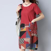 Women Casual Cotton Linen Round Neck Short Sleeve Loose Print Dress XL red