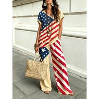 Amerikos žvaigždėmis siuvinėtas vėliava Europos ir Amerikos mados spausdintas moteriškas 111-ojo jubiliejaus rinkinys Y1 S beige