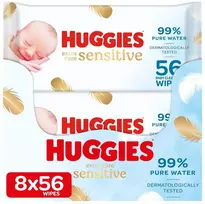 Huggies Pure Extra Care Sensitive kūdikių servetėlės, skirtos visam kūnui, 99% grynas vanduo, be kvapiklių, 8 x 56 servetėlės, mėnesio dėžutė (2 pakuotės)