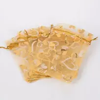 Organzos dovanų maišelis, širdelė, permatomas, auksinis, 12x10cm, 20vnt.