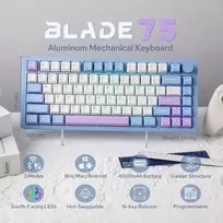 Mechlands Blade75 belaidė mechaninė aliumininė žaidimų klaviatūra, gasket creamy klaviatūra, Bt5.0/2.4ghz/usb-c hot swappable custom klaviatūra su mygtuku, Rgb, Nkro skirta Win/mac/games/office (mėlyna)