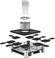 Wmf Lumero 3-in-1 gurmaniška stotis 8 asmenims, raclette grilis fondiu, elektrinis, temperatūros reguliavimas, apšvietimas, 1800 W, vietą taupantis, matinis nerūdijantis plienas