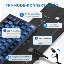 Rk royal kludge rk98 mechaninė belaidė žaidimų klaviatūra 2.4g/bluetooth 5.1/usb-c rgb apšviesta vokiška qwertz išdėstymo 100 klavišų karštai keičiamų red switch, mėlyna