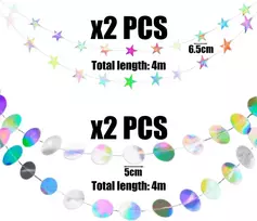 4 vnt. lazerinė girlianda, penkiakampė žvaigždė ir disko girlianda, blizgučių taškelių girlianda, veidrodinis pakabukas, pakabinama girlianda, vakarėlio dekoracija