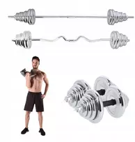 Solidūs chromuoti hanteliai tiesus ir lenktas štangos rinkinys lagamine 55 kg