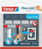 Tesa Powerstrips Click – lipnūs kabliukai paveikslų rėmams ir sienų dekoracijoms kabinti be gręžimo – lipnios juostelės su pakabinimo sistema – dideli, 16 x 2 vnt.